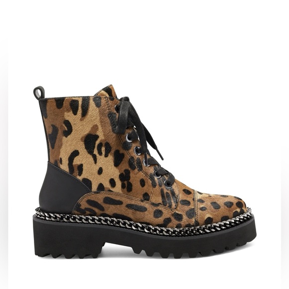 NWT NIB Vince Camuto Mindinta Calf Hair Combat Boot Leopard Print Brown Size 8 - Picture 2 of 10
